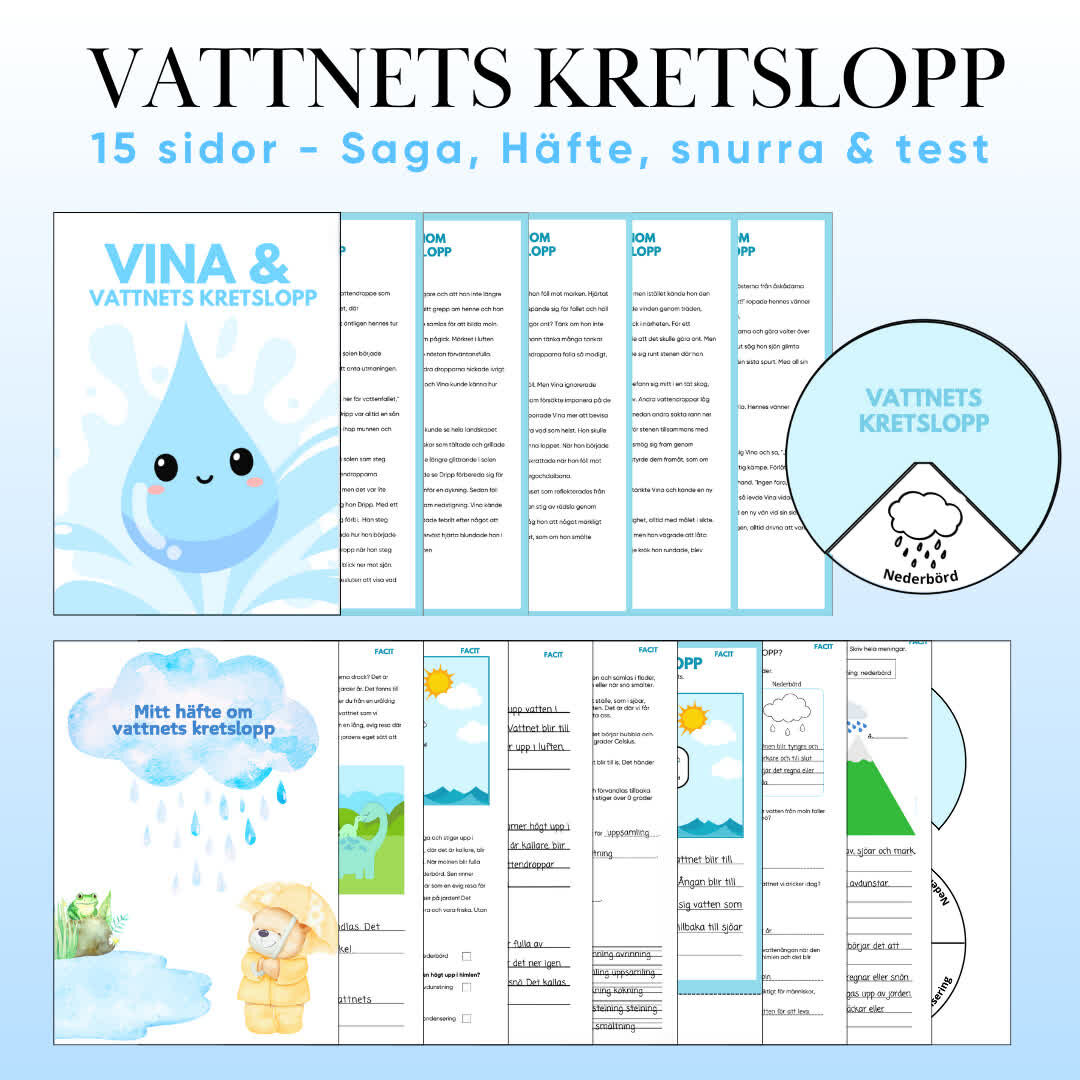 Utforska vattnets cykel med vårt pedagogiska paket! Med 15 sidor innehåller detta paket:  Saga (5 sidor): En engagerande berättelse om vattendroppen Vina som reser genom vattnets kretslopp. Läsförståelsehäfte (6 sidor): Övningar för att fördjupa elevernas förståelse och reflektion över sagan. Klipp- och klistra-aktivitet: Skapa en visuell representation av vattnets kretslopp. Snurra (två varianter): Interaktiva snurror för att förstärka lärandet. Test/repetitionssida: Frågor och övningar för att testa och repetera kunskapen. Lärarfacit Perfekt för klassrumsundervisning, detta paket gör vattnets kretslopp både roligt och minnesvärt genom en kombination av saga, aktiviteter och övningar.